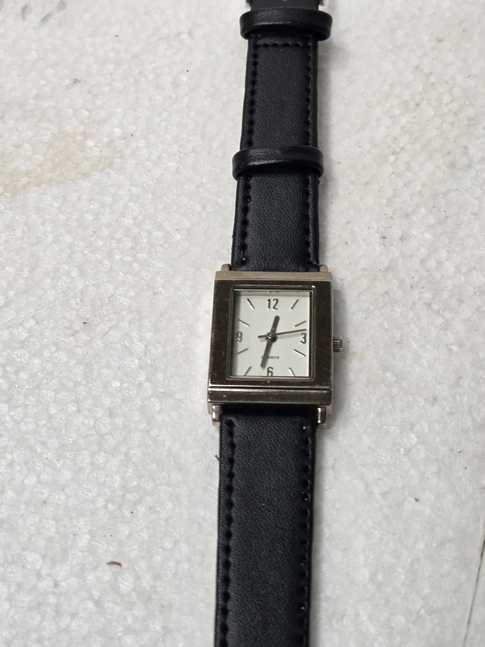 Womens Black Leather Strap Silver-Tone Square Quartz Watch